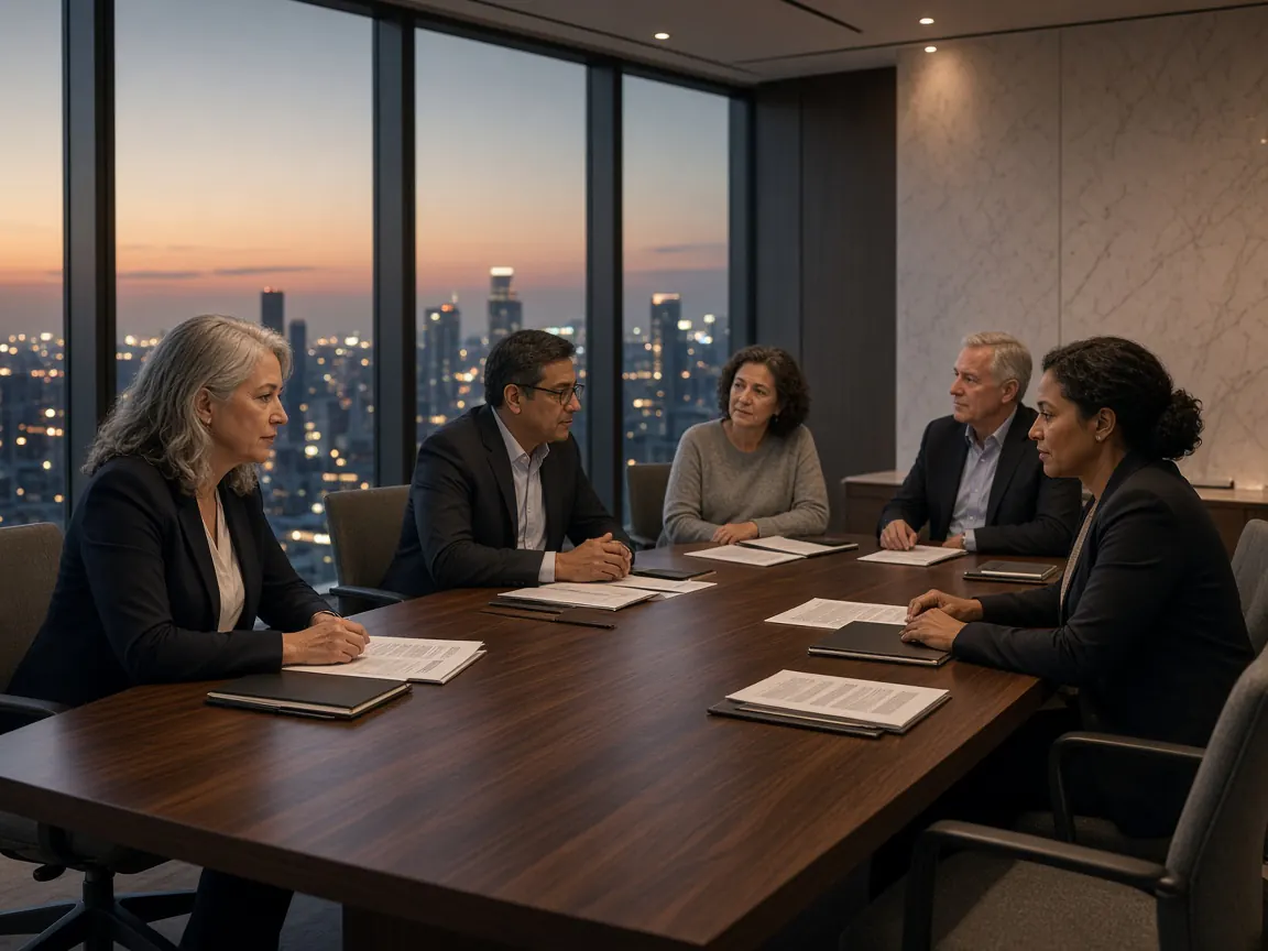 Condominium board directors around a conference table during a board meeting at dusk