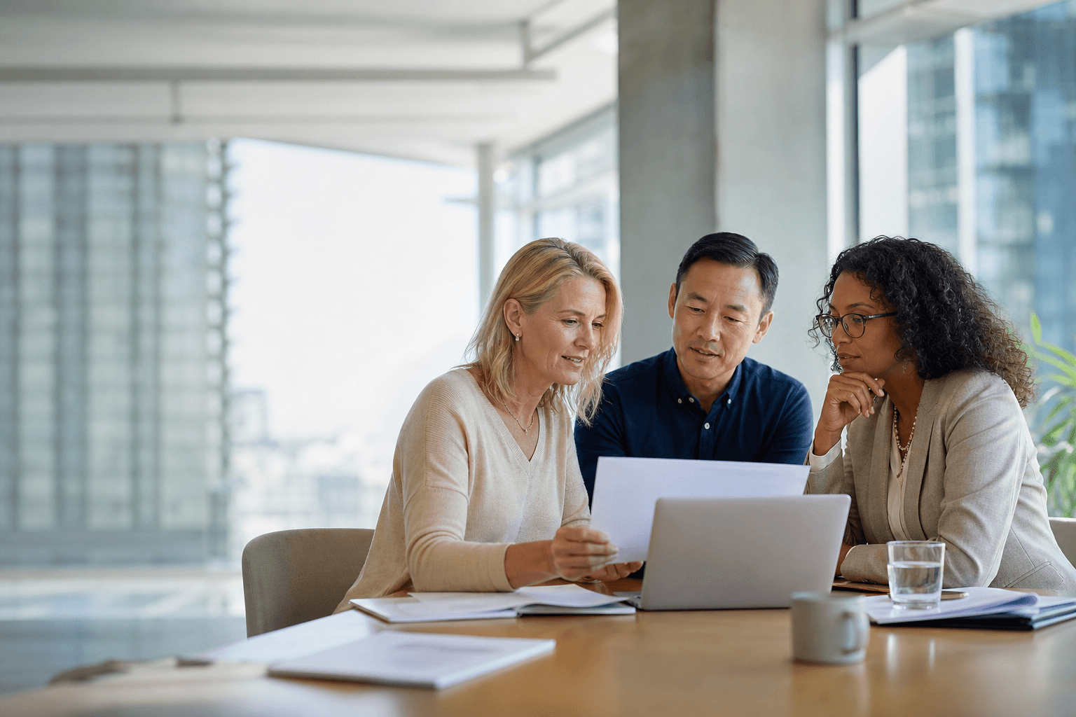 Condominium board directors reviewing materials together in a modern meeting room