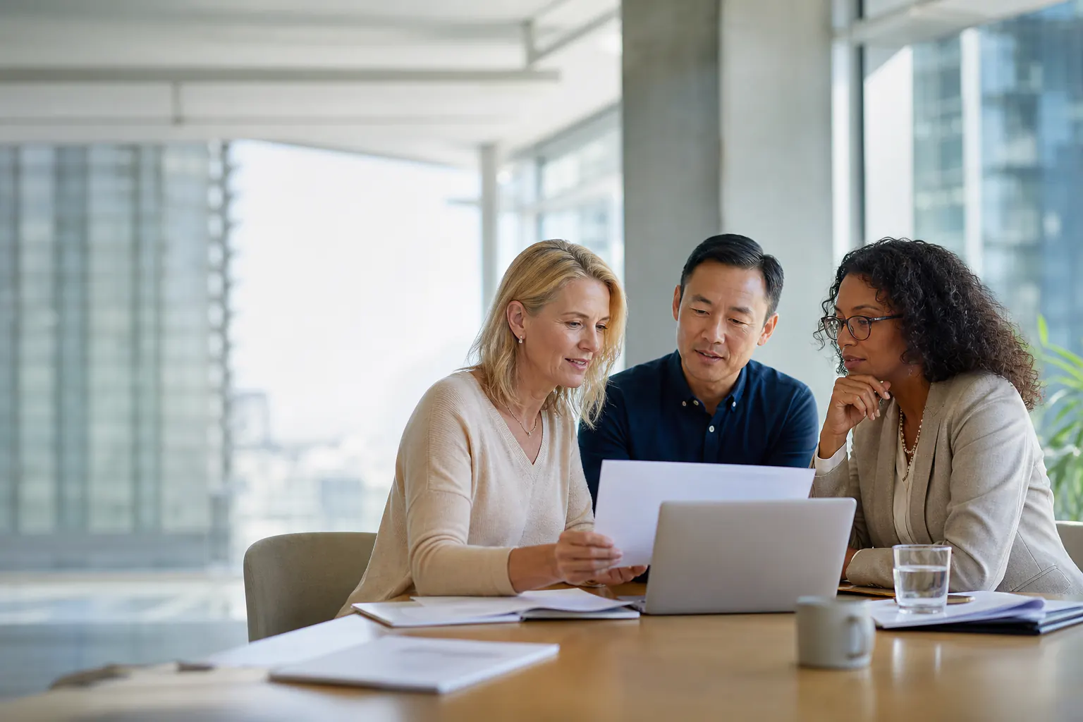 Condominium board directors reviewing materials together in a modern meeting room