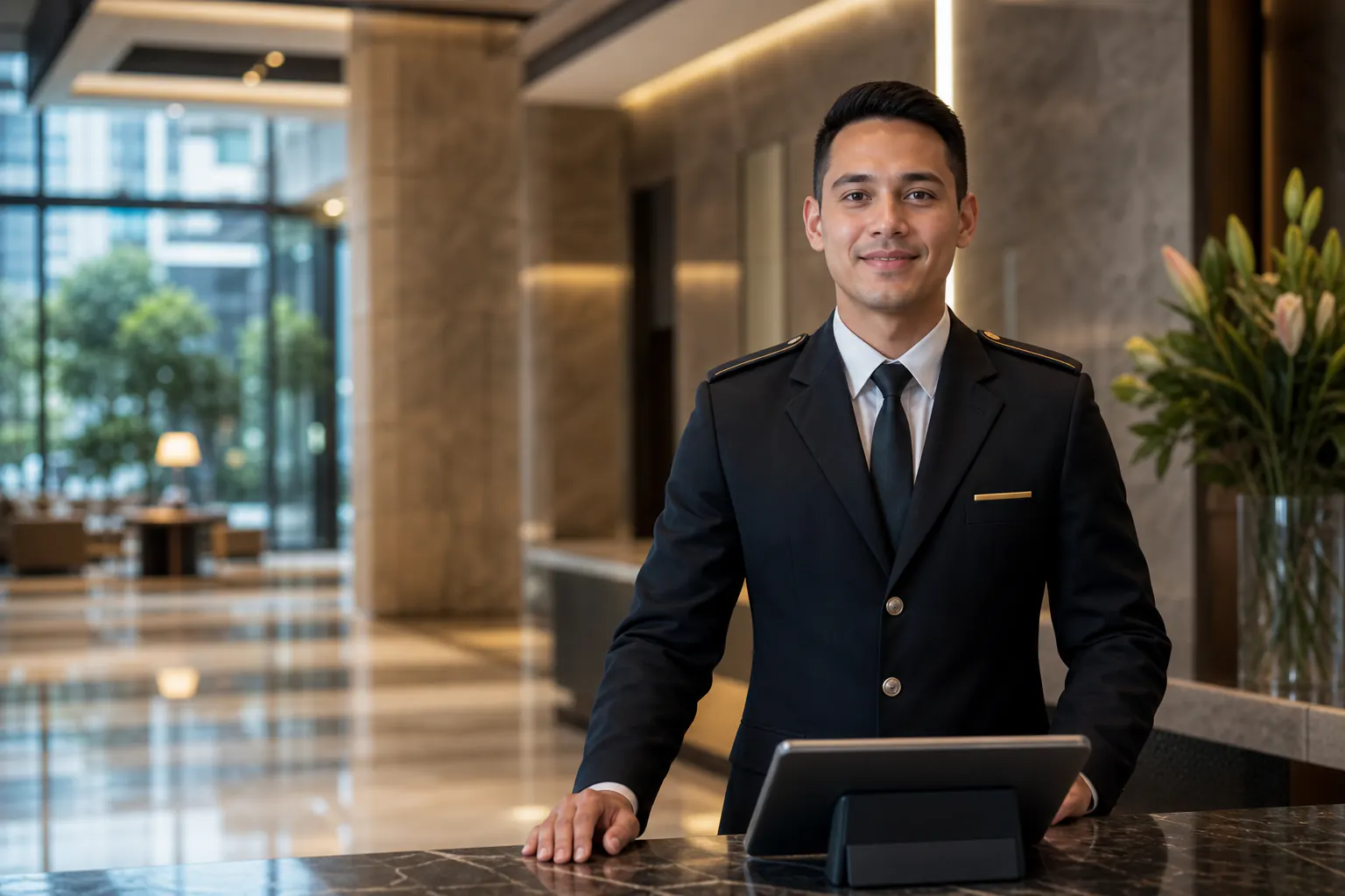 Security and concierge officer at a modern condominium lobby desk with tablet