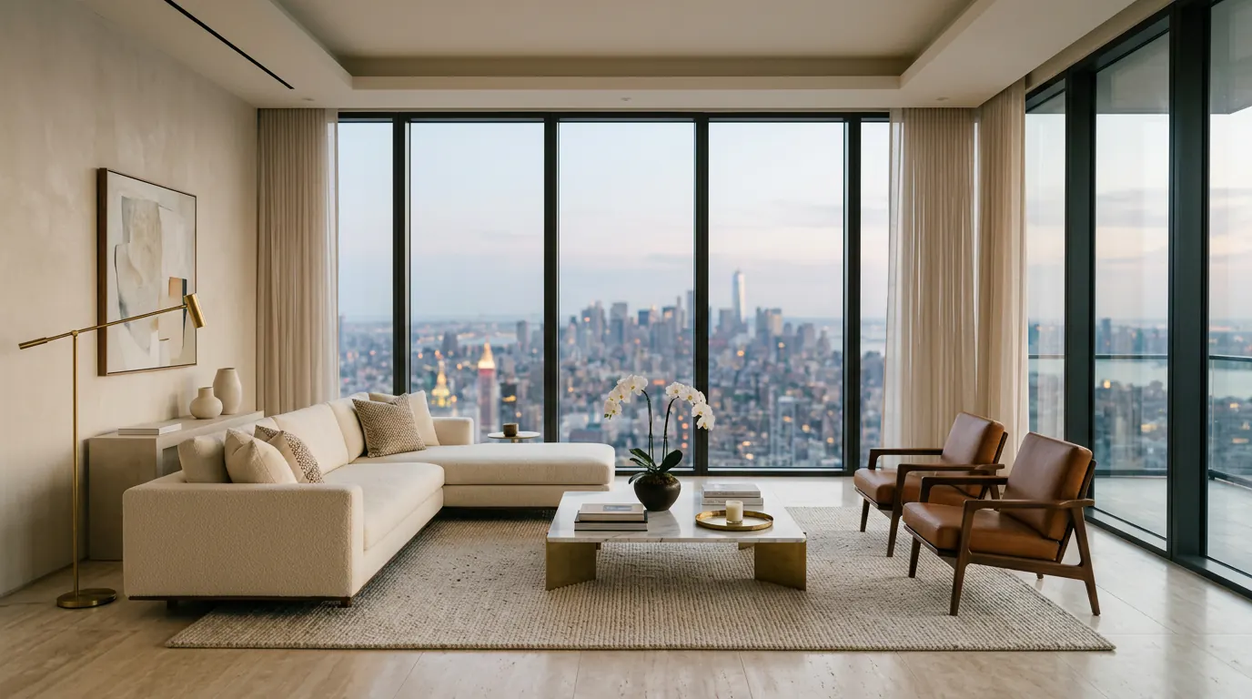 Sunlit luxury condominium residence with city views through floor-to-ceiling glass
