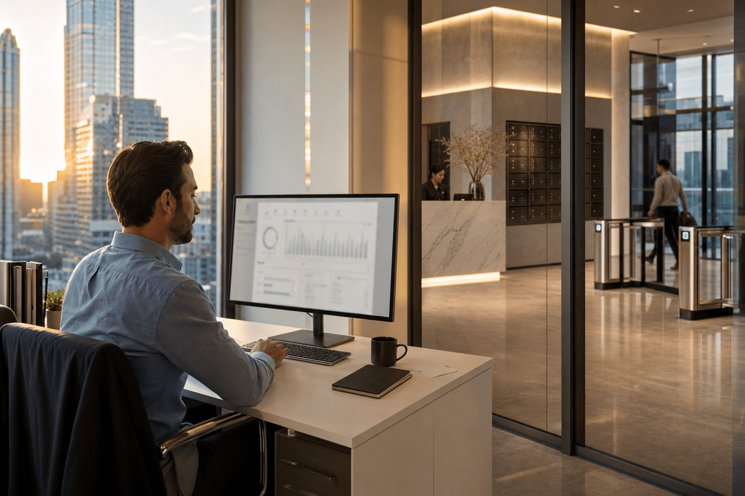 Property manager at a desk overlooking a condo lobby with parcel lockers and building access at the entrance