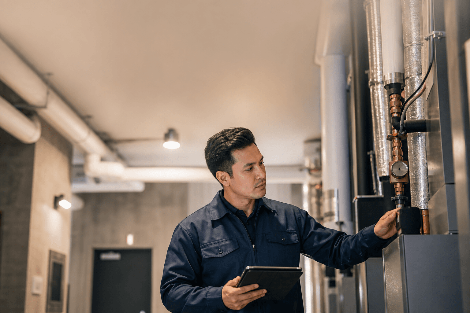 Building maintenance technician reviewing equipment in a modern condominium service area