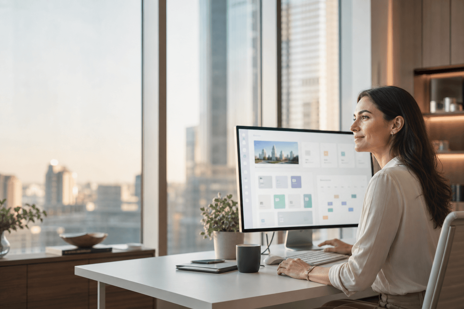 Property manager reviewing building operations on a clean dashboard in a modern high-rise office