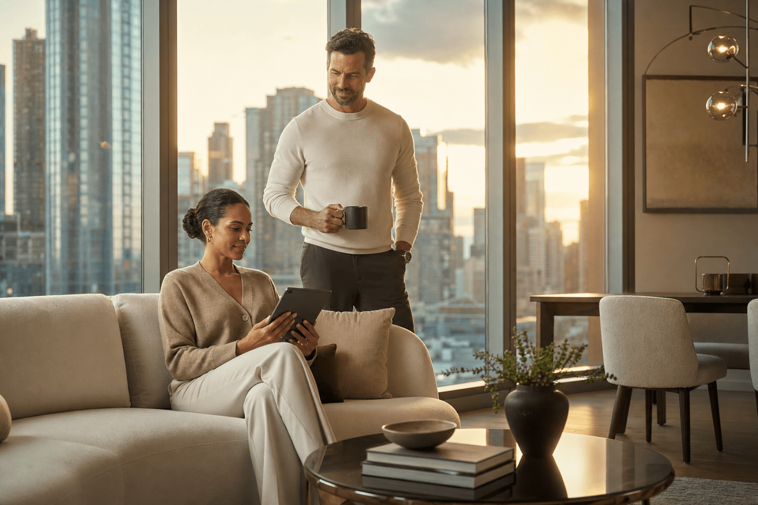 Condominium residents reviewing building information together in a sunlit suite with city views