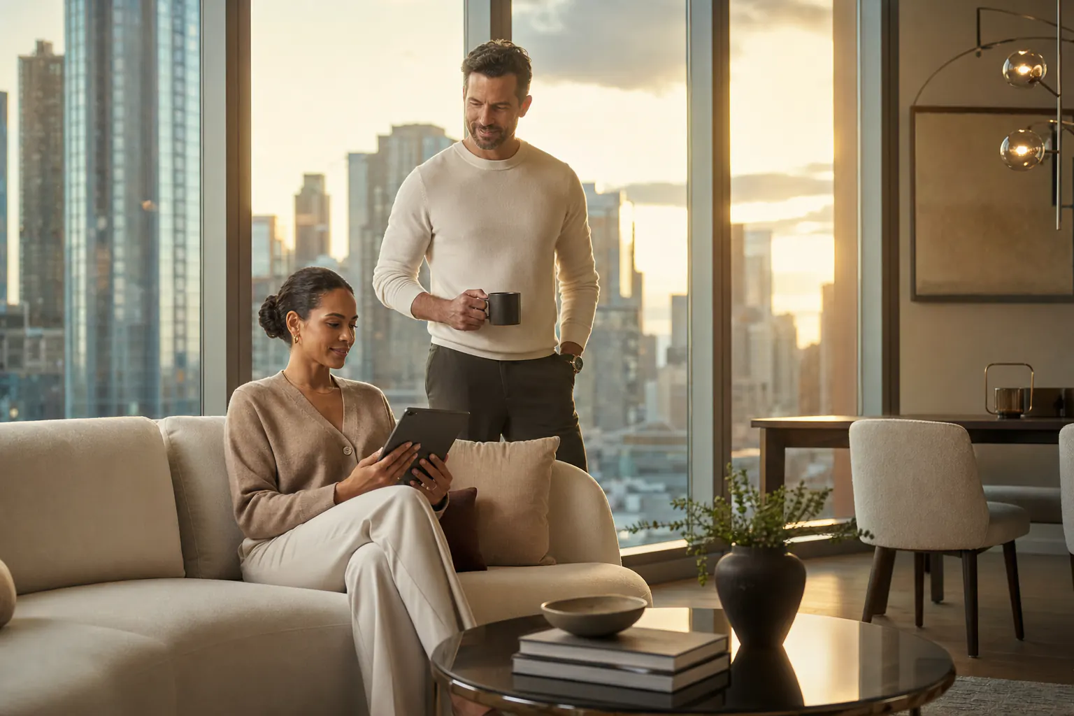 Condominium residents reviewing building information together in a sunlit suite with city views